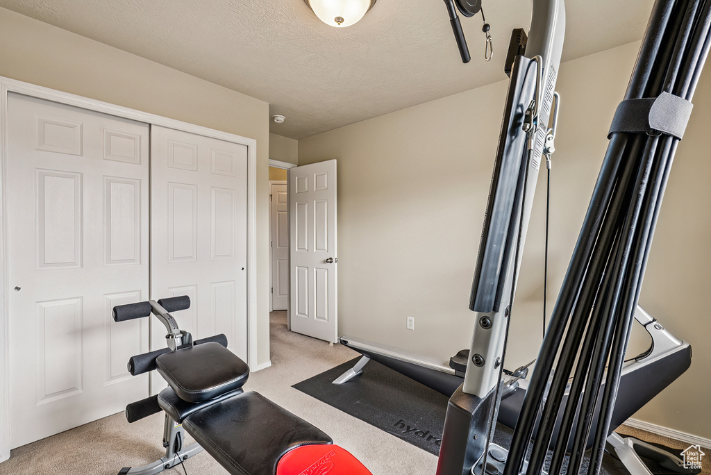 Workout area featuring light colored carpet and a textured ceiling