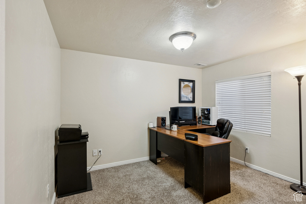 Home office featuring light carpet