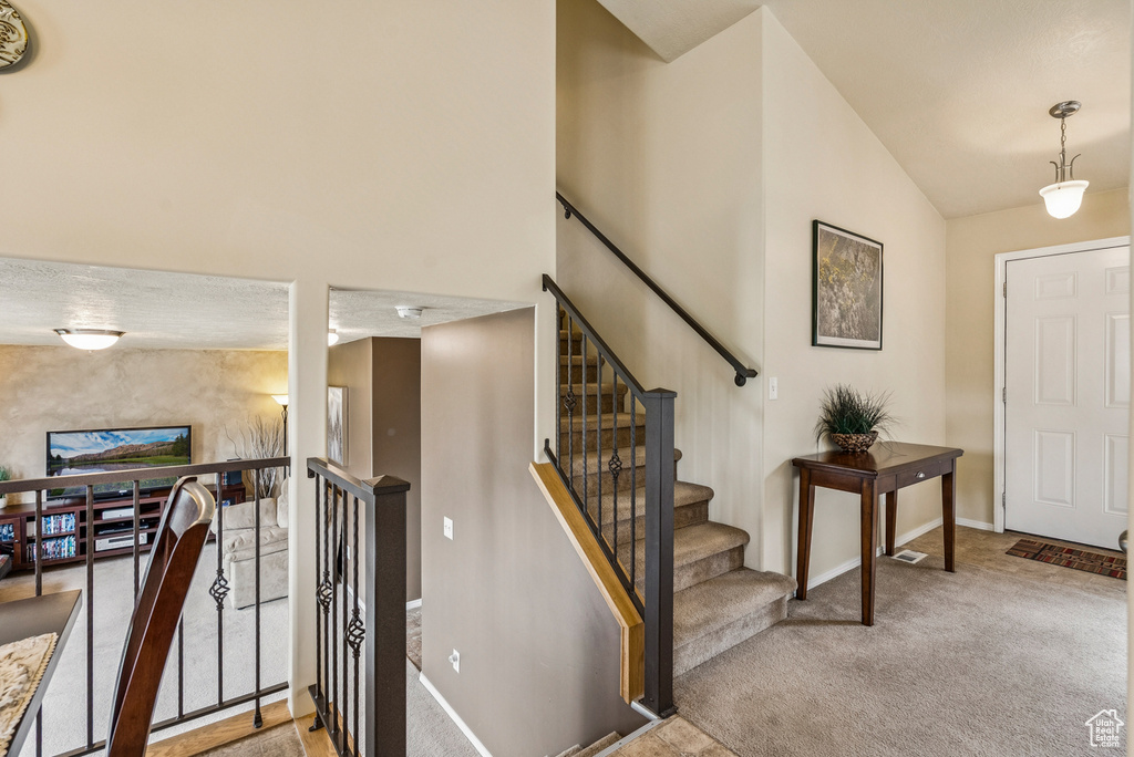 Carpeted foyer featuring baseboards and vaulted ceiling