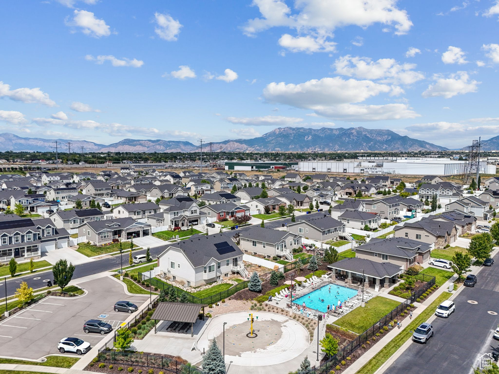 Aerial perspective of suburban area featuring mountains