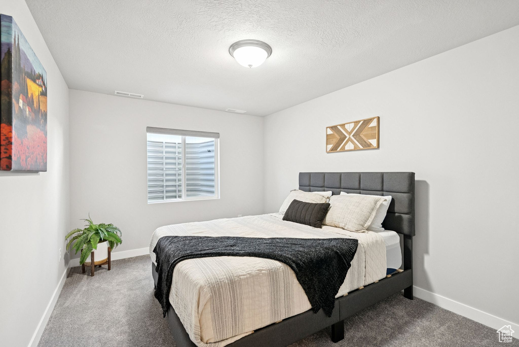 Bedroom featuring carpet flooring and a textured ceiling