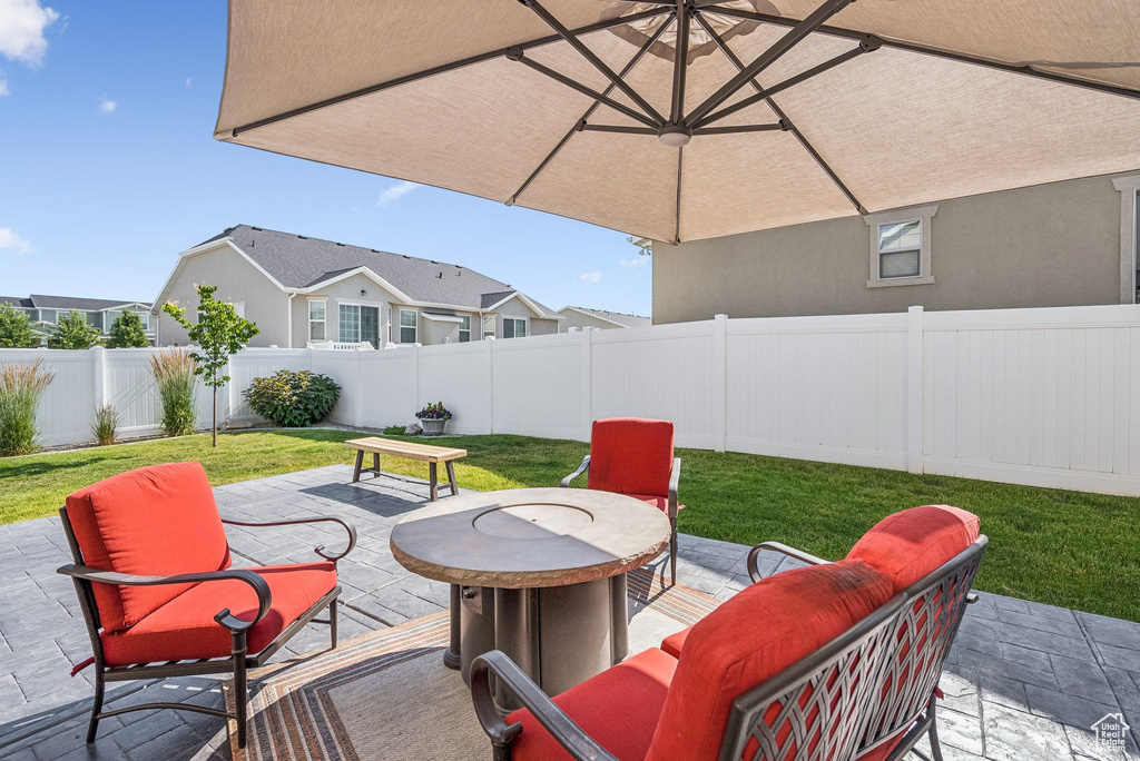 Fenced backyard featuring a patio area and outdoor lounge area