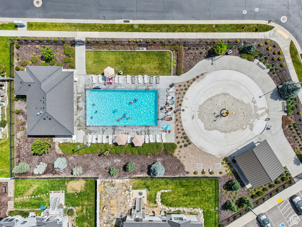 Drone / aerial view of a pool area