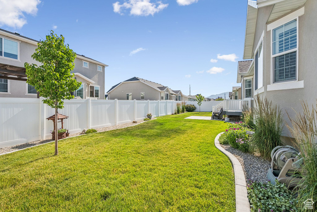 Fenced backyard featuring a residential view