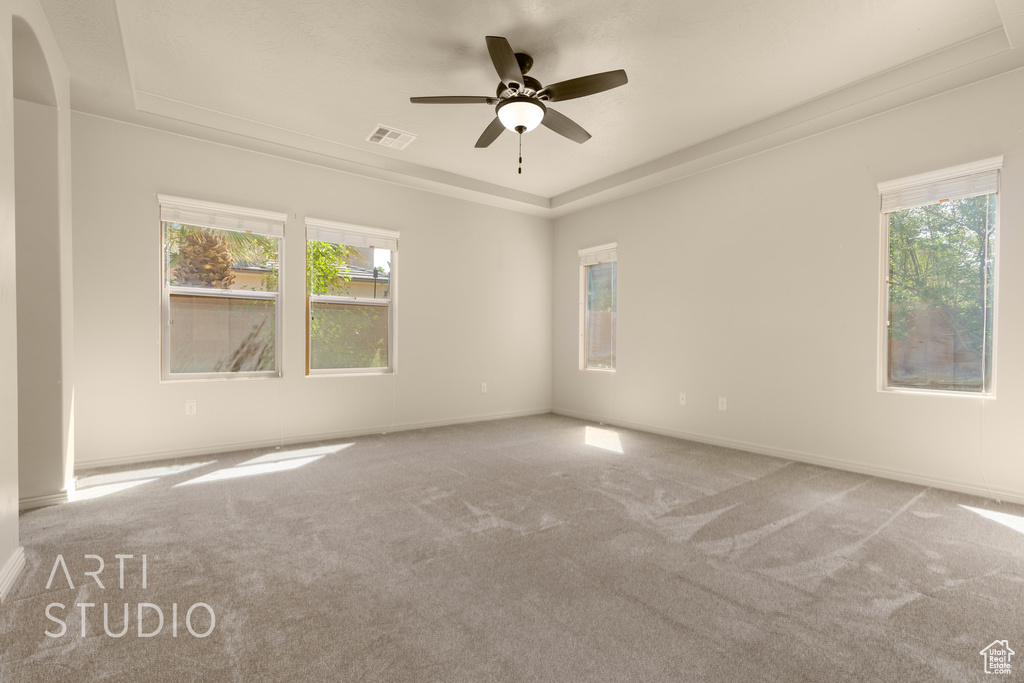 Carpeted spare room featuring a raised ceiling, a ceiling fan, and arched walkways