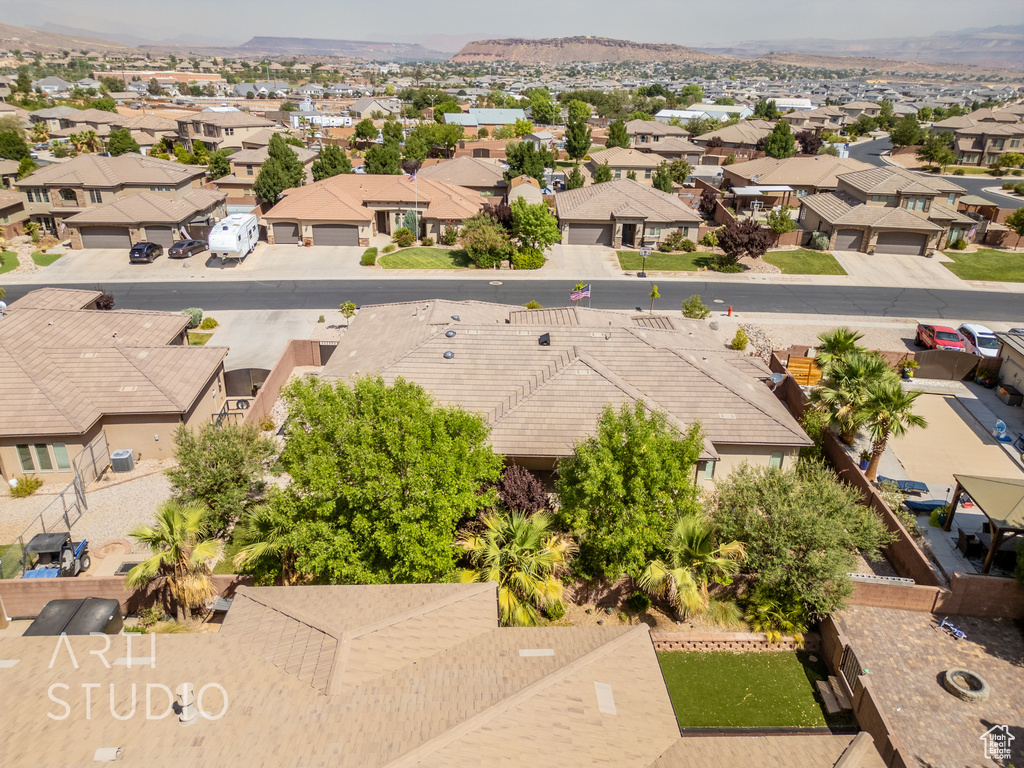 Aerial view of residential area with a mountain backdrop