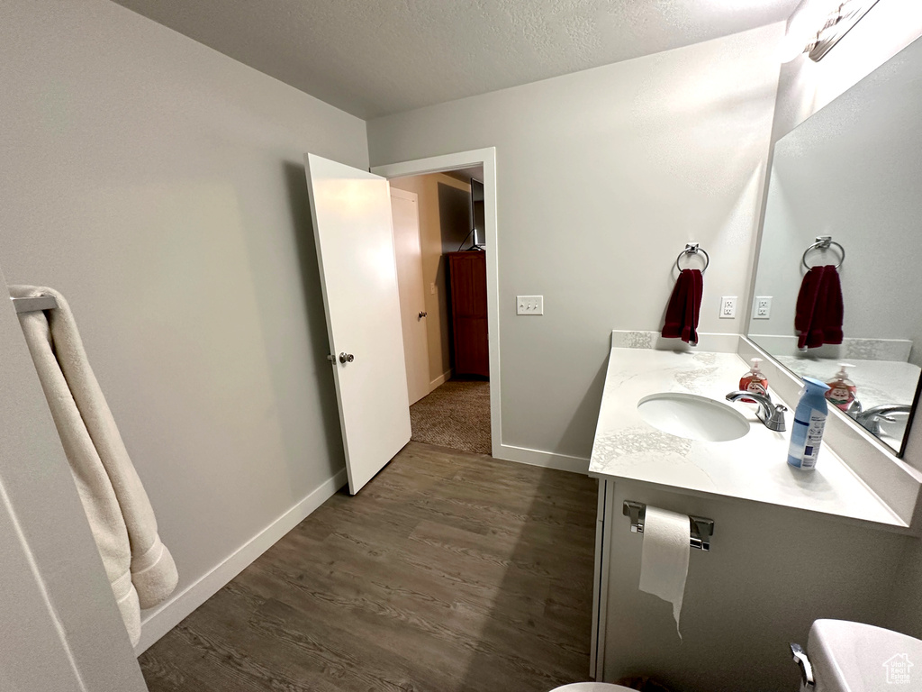 Bathroom featuring vanity, wood finished floors, and a textured ceiling