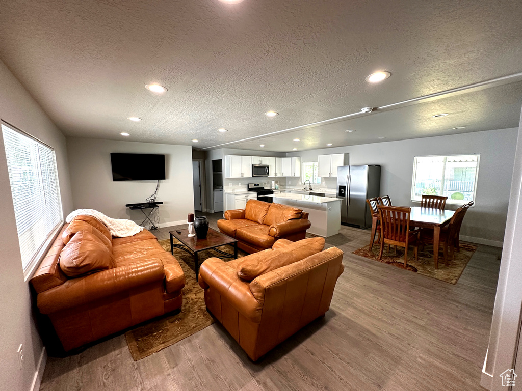 Living area with light wood finished floors, a textured ceiling, and recessed lighting