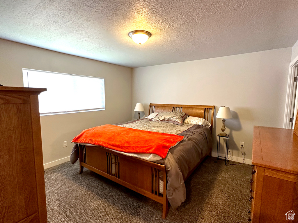 Bedroom with carpet and a textured ceiling