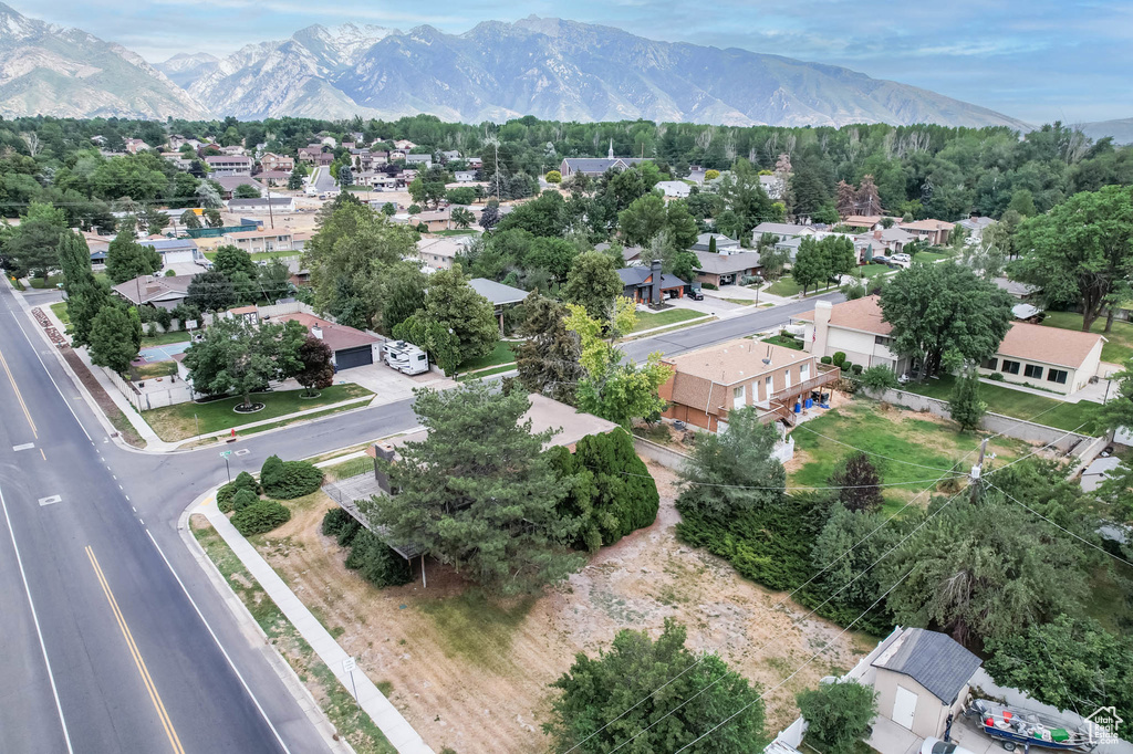 Aerial view of residential area with mountains