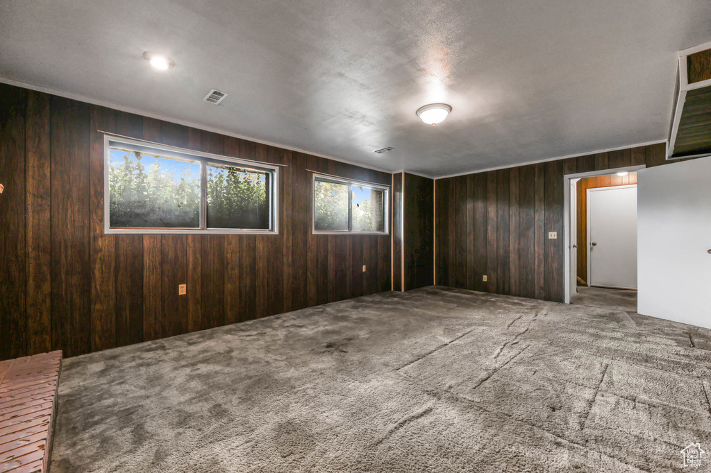Carpeted spare room with wooden walls