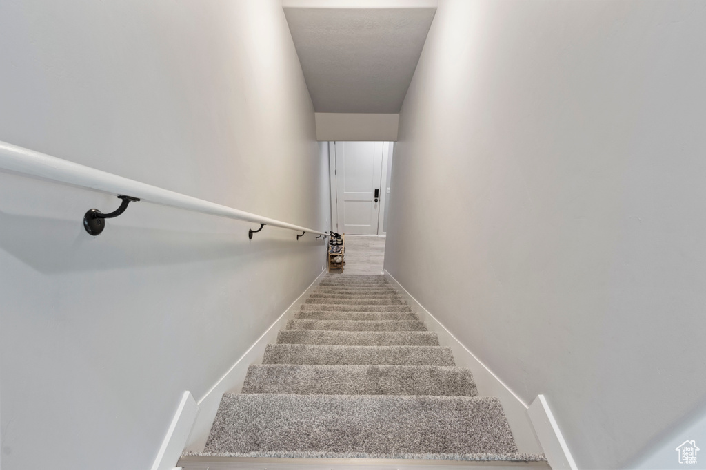 Stairway featuring carpet flooring and baseboards