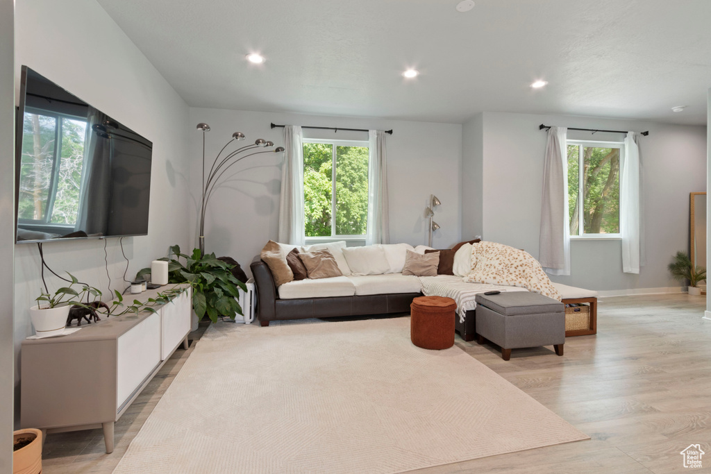 Living room featuring light wood-style flooring and recessed lighting