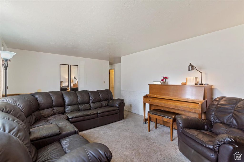 Living area featuring light carpet