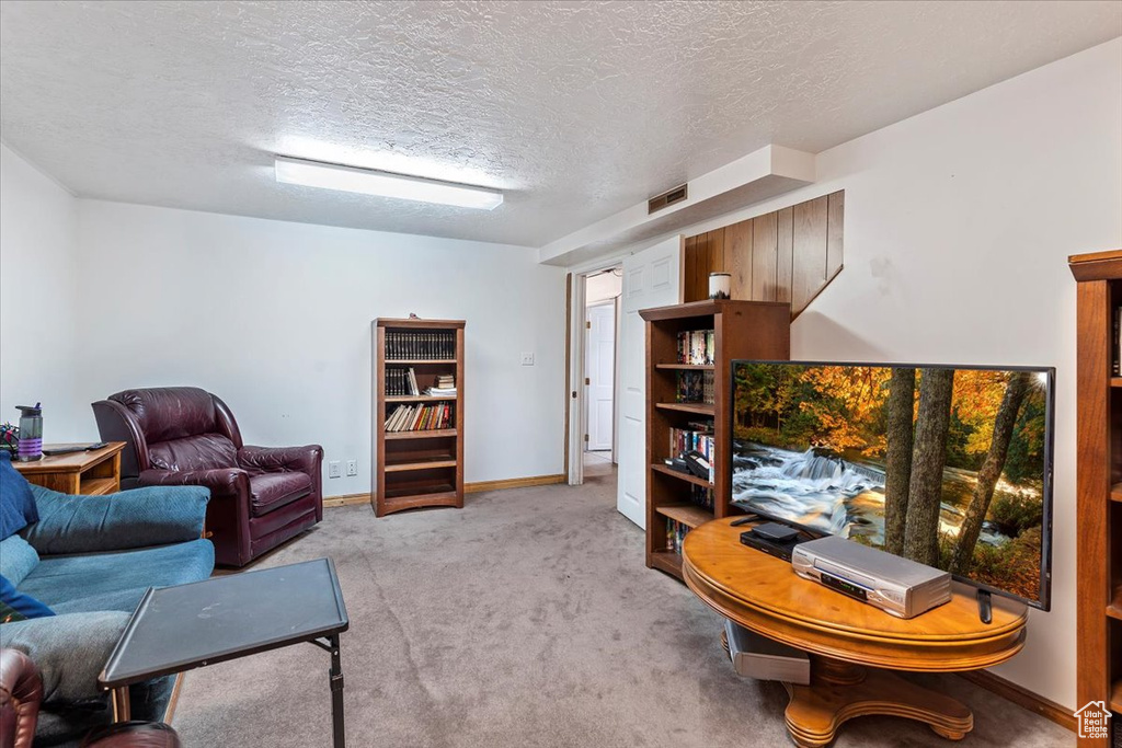 Living area featuring a textured ceiling and light colored carpet