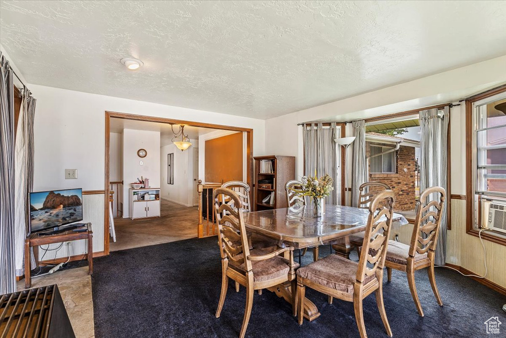 Dining area with a textured ceiling and carpet floors
