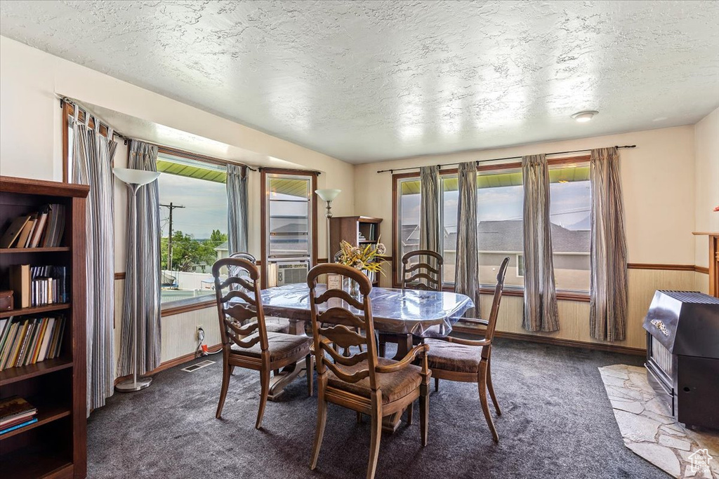 Dining space featuring dark colored carpet, a textured ceiling, wainscoting, and wooden walls