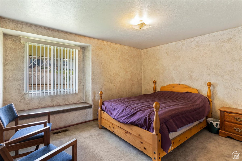 Carpeted bedroom with a textured ceiling