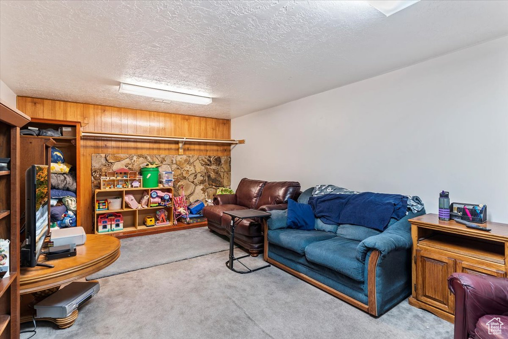 Carpeted living room with a textured ceiling and wooden walls