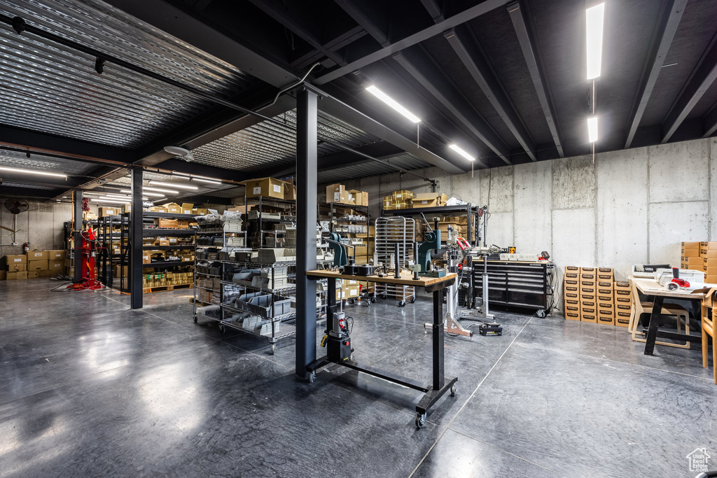 Basement featuring a workshop area
