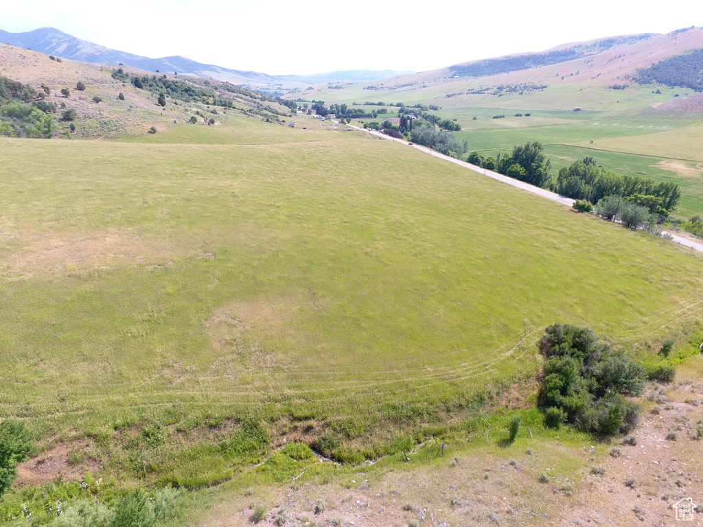 Overview of rural landscape featuring mountains