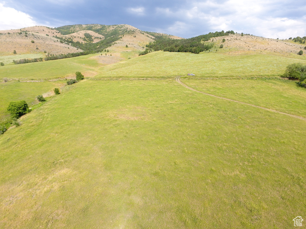 Overview of rural landscape with a mountain backdrop