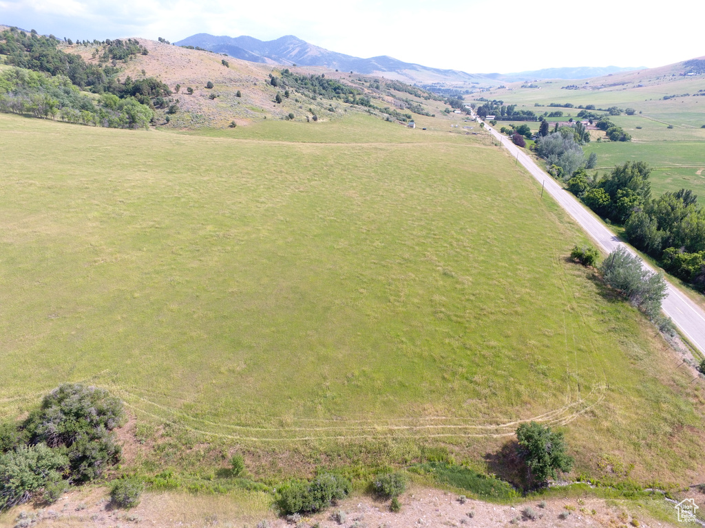 Overview of rural landscape featuring a mountain backdrop