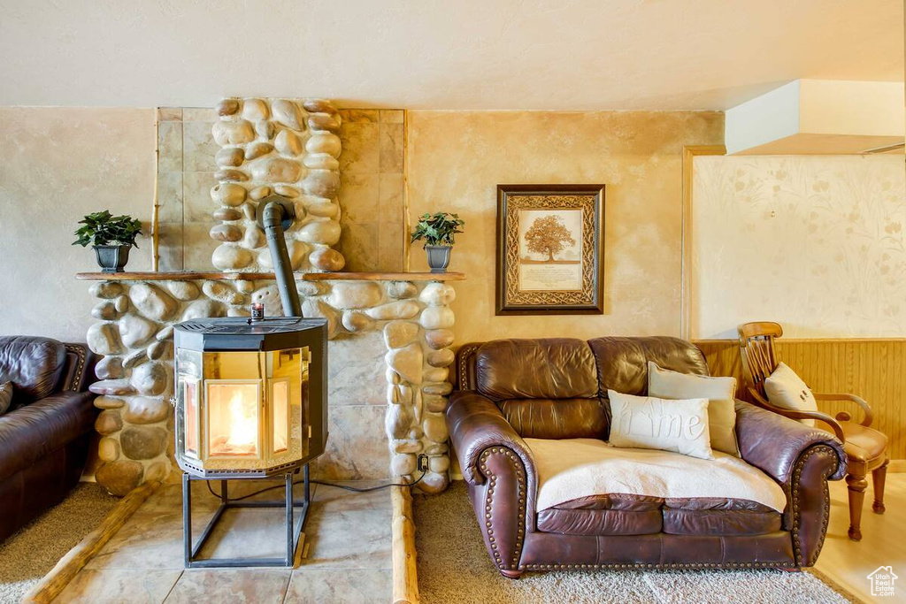 Living room featuring a wood stove