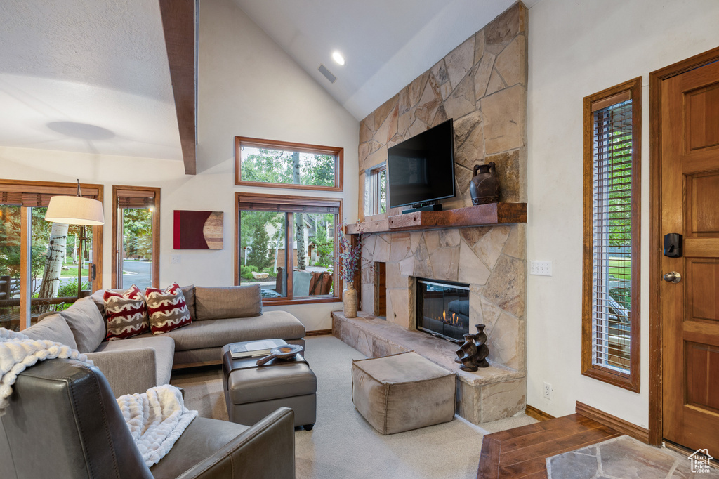 Living room with a stone fireplace and high vaulted ceiling