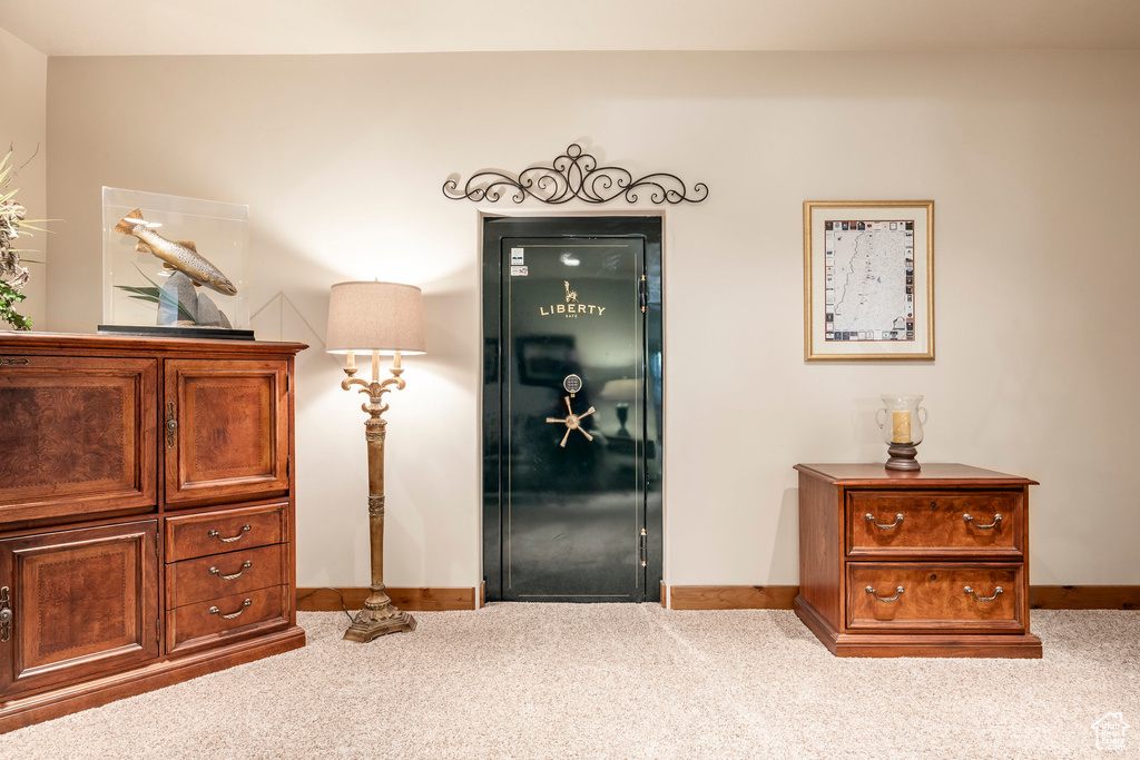 Elevator with carpet flooring and baseboards