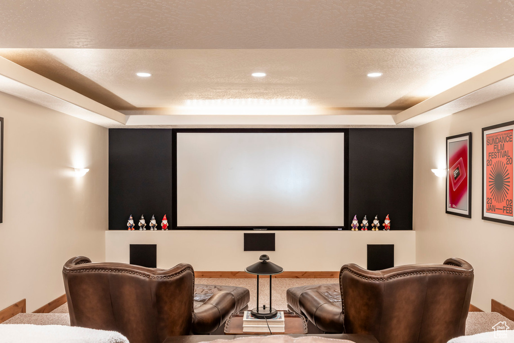 Home theater with a tray ceiling and recessed lighting