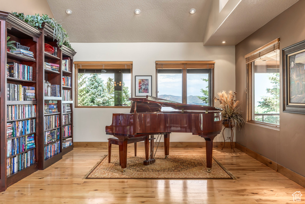 Living area with wood finished floors, recessed lighting, and a textured ceiling