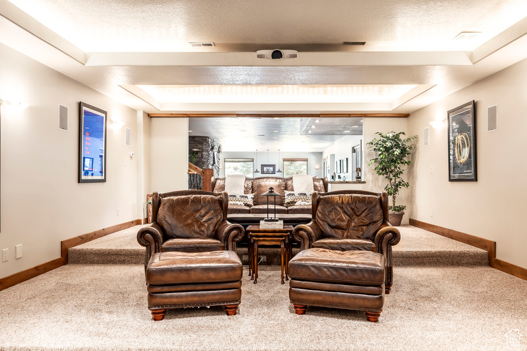 Living room with carpet and a tray ceiling