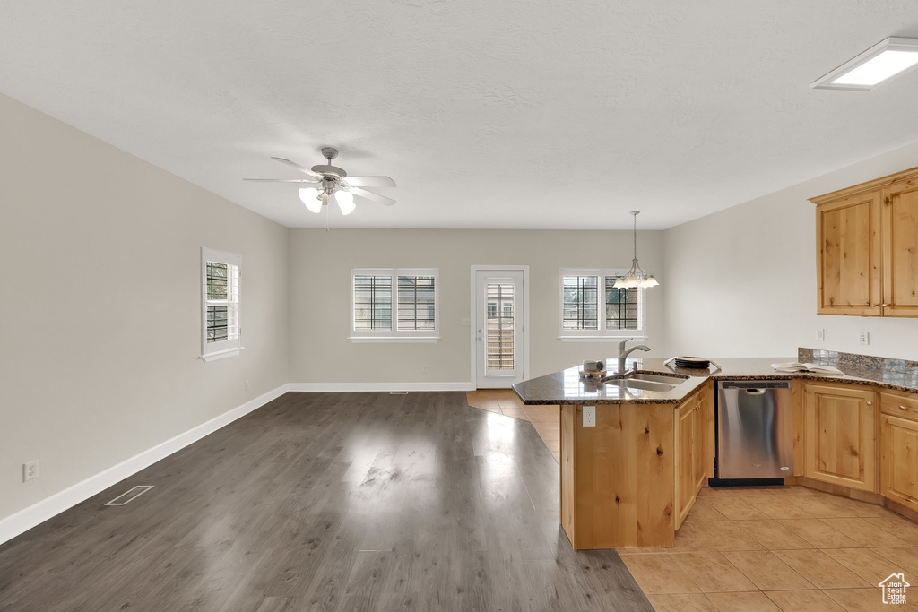Kitchen featuring stainless steel dishwasher, a peninsula, dark stone counters, and a ceiling fan