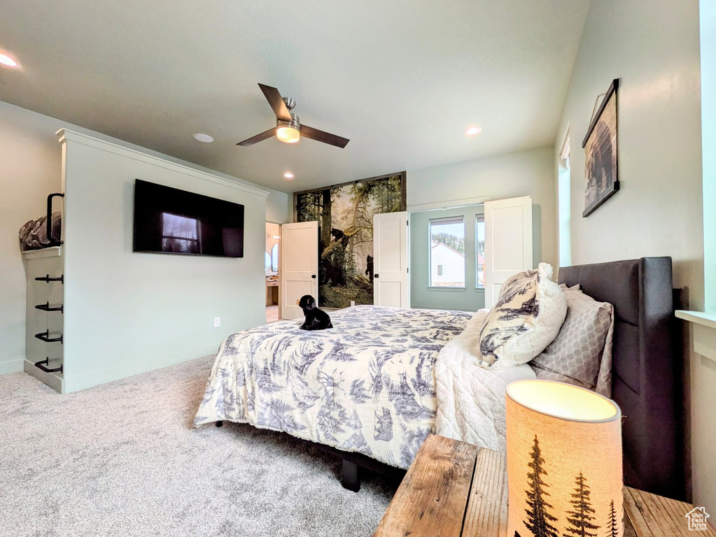 Bedroom with carpet, a ceiling fan, and recessed lighting
