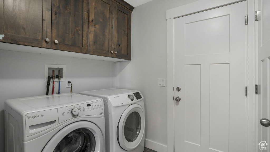 Laundry area featuring cabinet space and washing machine and dryer