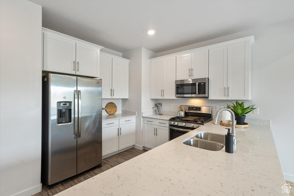 Kitchen with stainless steel appliances, dark wood-style floors, light stone countertops, white cabinets, and recessed lighting