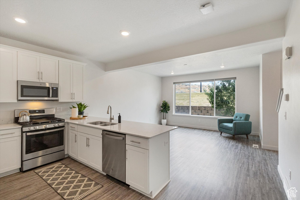 Kitchen featuring appliances with stainless steel finishes, open floor plan, a peninsula, wood finished floors, and white cabinets