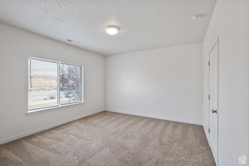 Carpeted spare room featuring a textured ceiling