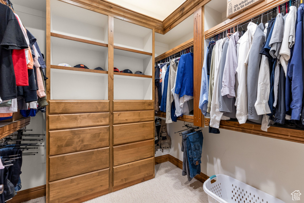 Spacious closet with carpet flooring