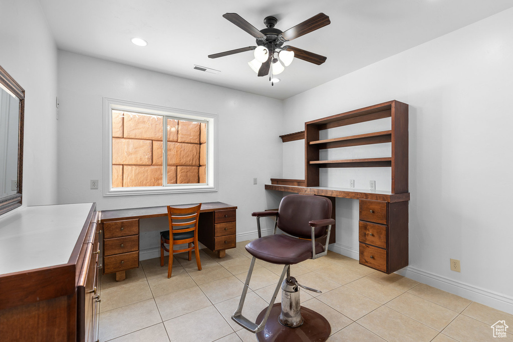 Home office with built in desk, ceiling fan, light tile patterned floors, and recessed lighting