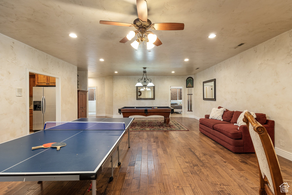 Recreation room featuring wood-type flooring, recessed lighting, billiards, and ceiling fan