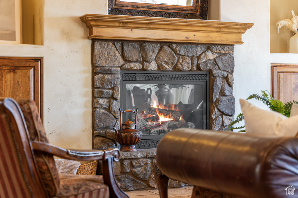 Detailed view of a stone fireplace