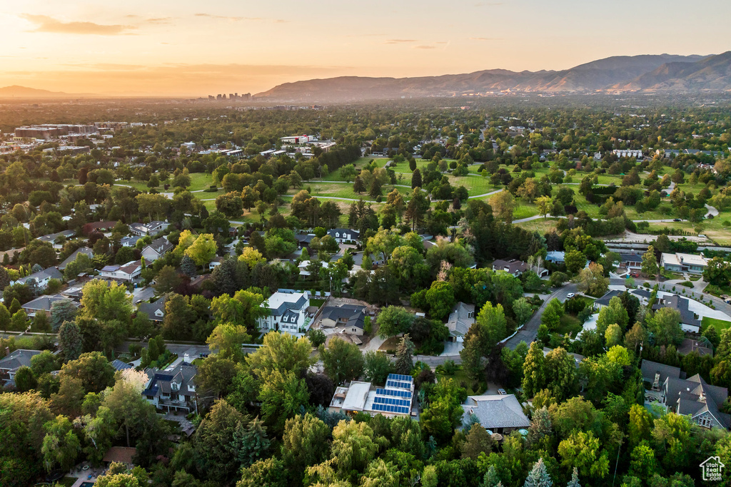 Aerial view at dusk of a mountain view