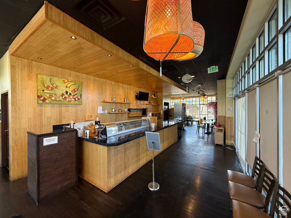Welcome area with wood walls