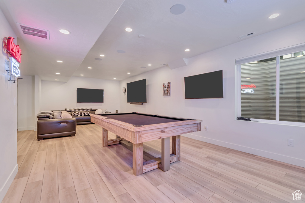 Playroom featuring pool table, light wood finished floors, and recessed lighting