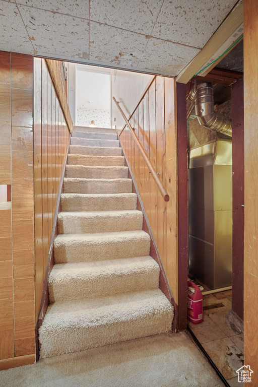 Stairs featuring carpet floors and wood walls