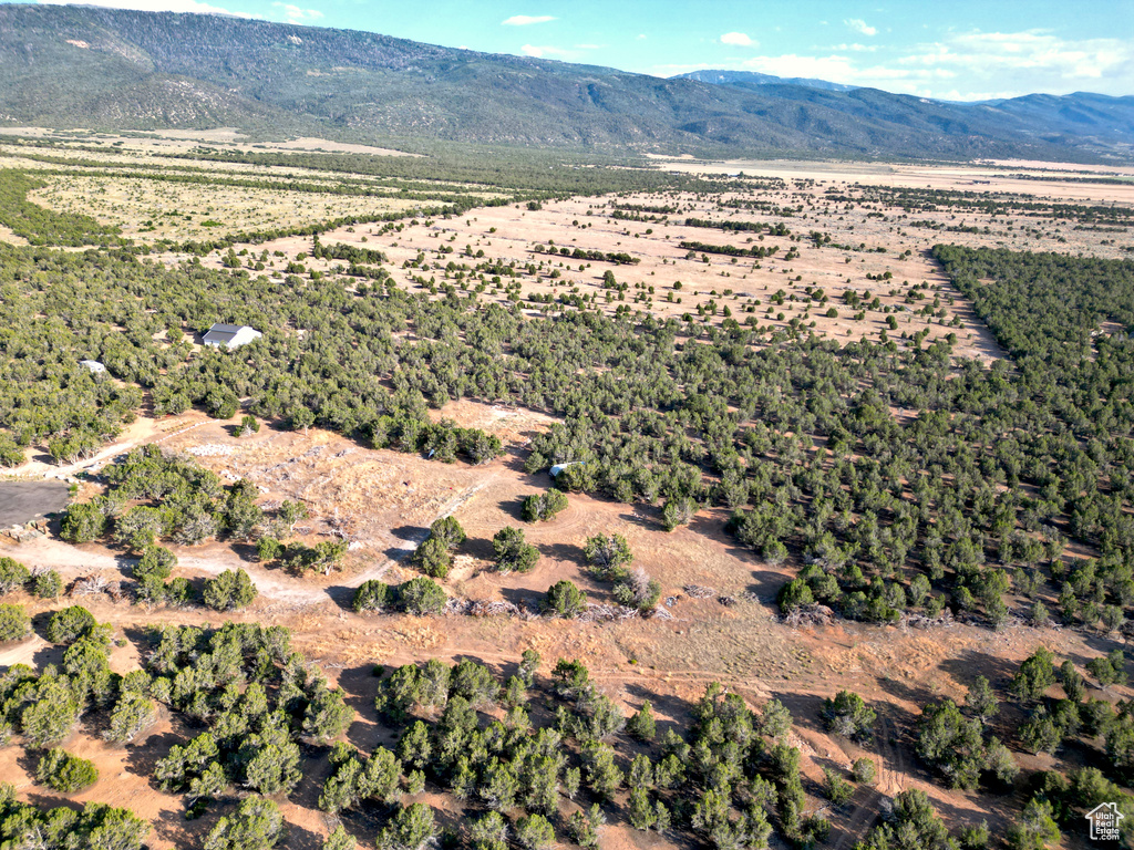 Aerial view of property and surrounding area featuring a mountain backdrop and rural landscape