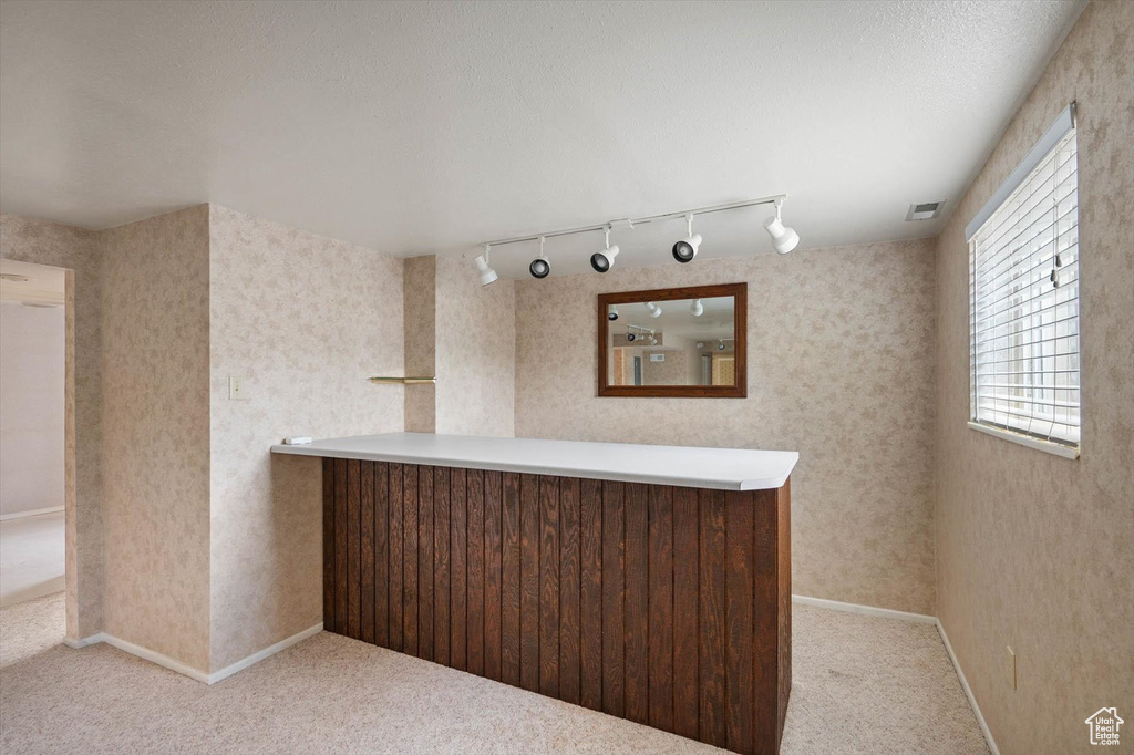 Indoor bar featuring track lighting and carpet flooring