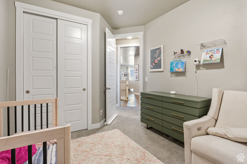 Bedroom with a closet and light carpet